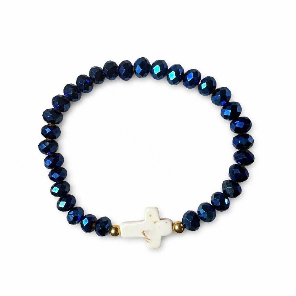 Blue Beaded Stretch Bracelet White Stone Cross Religious Faith Gift Boho